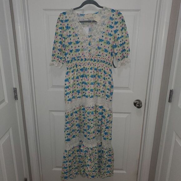 MELLODAY Floral Dress with Blue and Green Hues SIZE LARGE NWT - Picture 1 of 9